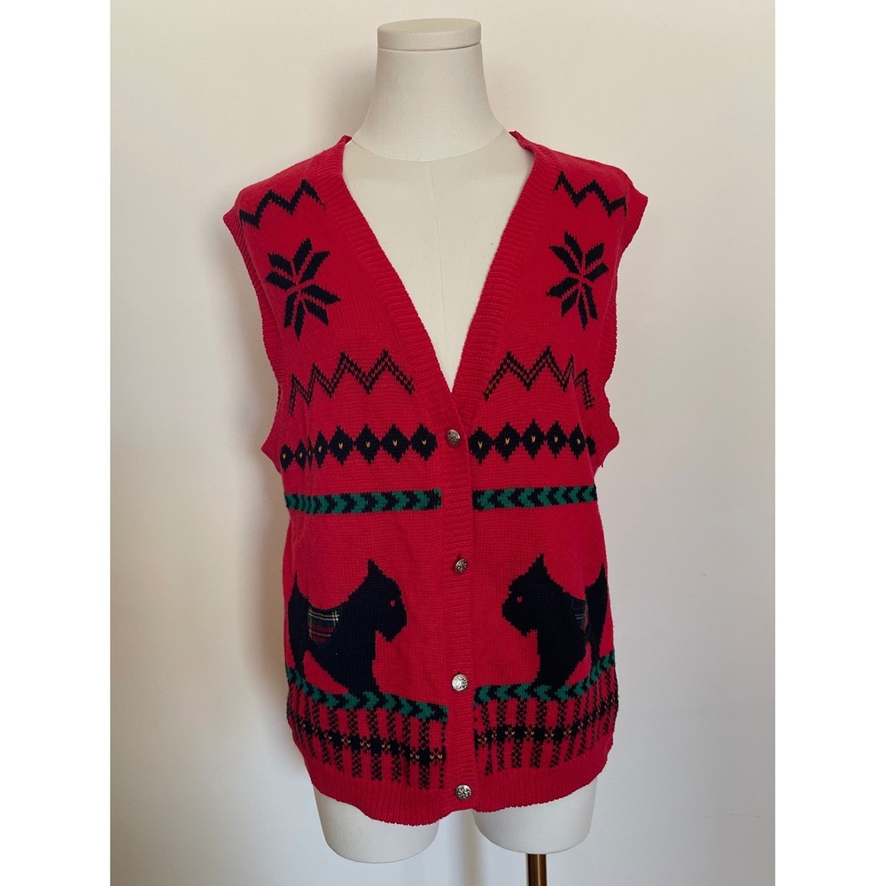 Vintage Alfred Dunner Red Knit Winder Sweater Vest Dog Scottie Terrier Petite M
